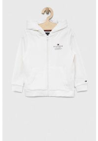 TOMMY HILFIGER - Tommy Hilfiger bluza dziecięca kolor biały z kapturem z nadrukiem. Typ kołnierza: kaptur. Kolor: biały. Materiał: bawełna. Wzór: nadruk #1