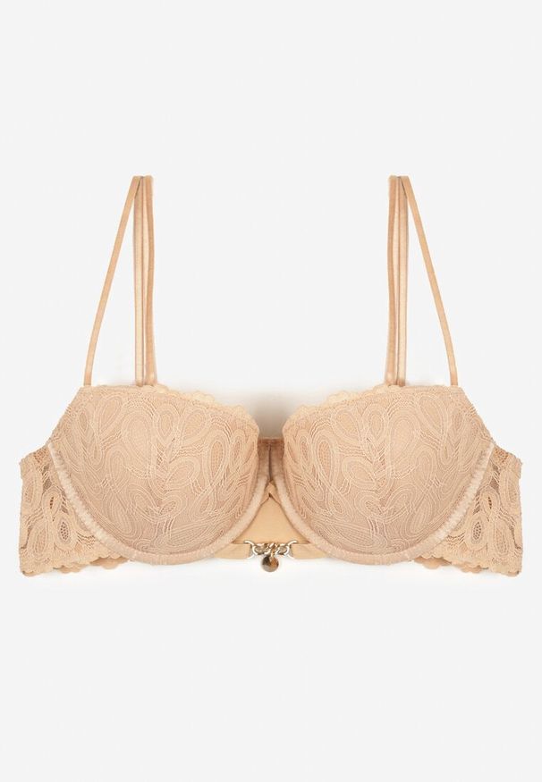 Renee - Ciemnobeżowy Biustonosz Typu Push Up z Koronką i Regulowanymi Podwójnymi Ramiączkami Emavina. Kolor: beżowy. Materiał: koronka. Rodzaj stanika: push-up. Wzór: koronka