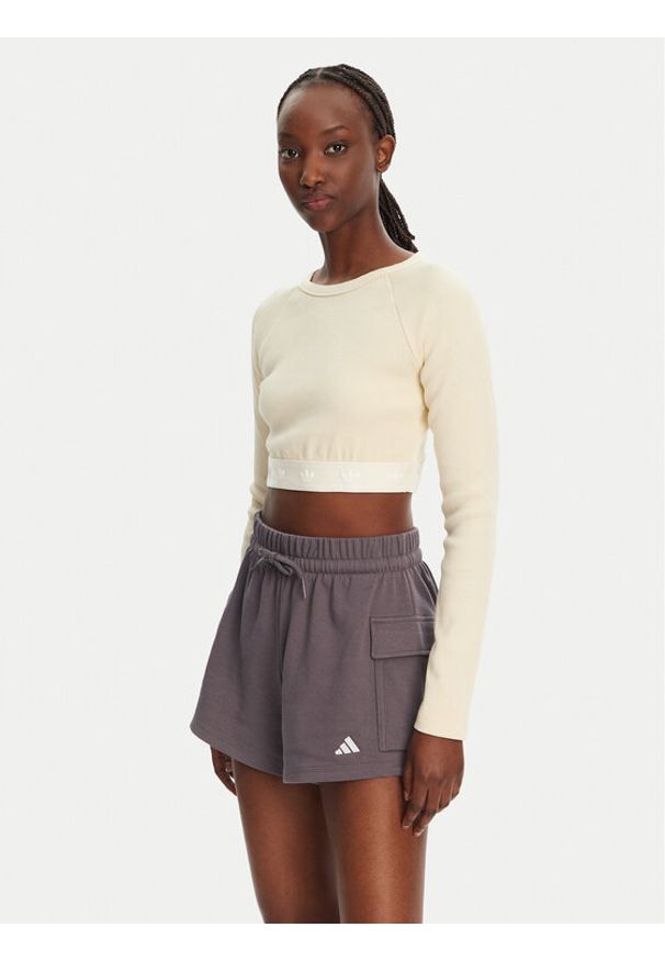Adidas - adidas Bluzka Ribbed JD0013 Beżowy Slim Fit. Kolor: beżowy. Materiał: bawełna