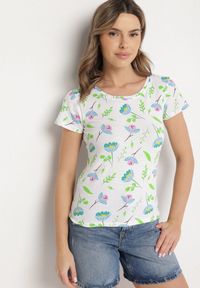 Born2be - Biało-Zielony Bawełniany T-shirt Ozdobiony Nadrukiem Zarice. Okazja: na co dzień. Kolor: biały. Materiał: bawełna. Wzór: aplikacja, nadruk. Styl: klasyczny, casual