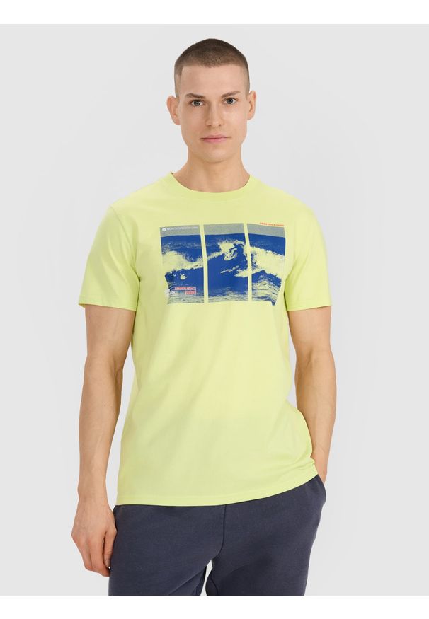 4f - 4F T-shirt regular z nadrukiem męski - zielony XL. Okazja: na co dzień. Kolor: zielony. Materiał: bawełna, jersey, materiał. Długość rękawa: krótki rękaw. Długość: krótkie. Wzór: nadruk. Styl: sportowy, klasyczny, casual