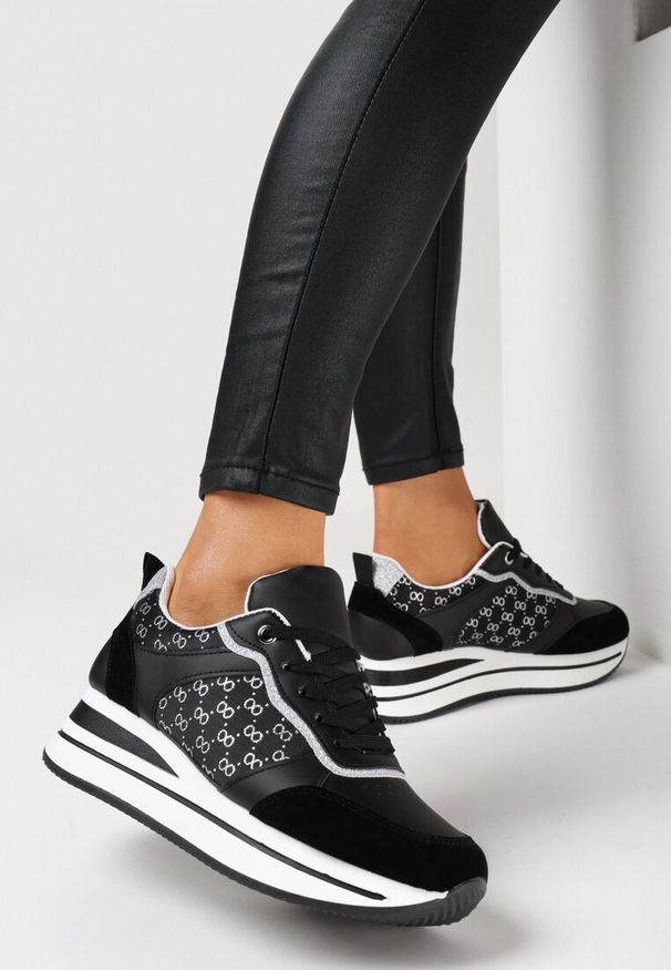 Born2be - Czarne Brokatowe Sneakersy na Platformie Filena. Kolor: czarny. Obcas: na platformie
