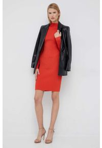 Calvin Klein sukienka kolor pomarańczowy mini dopasowana. Kolor: pomarańczowy. Materiał: dzianina, acetat. Długość rękawa: długi rękaw. Wzór: gładki. Typ sukienki: dopasowane. Długość: mini #4