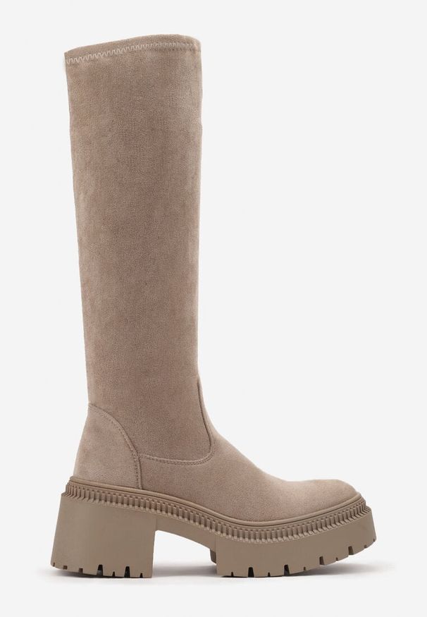 Born2be - Ciemnobeżowe Dopasowane Kozaki na Grubej Podeszwie ze Skarpetkową Cholewką Hanilinn. Okazja: na co dzień. Kolor: beżowy. Materiał: jeans. Szerokość cholewki: normalna. Styl: casual