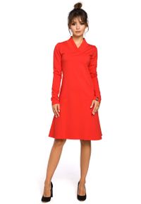 MOE - Czerwona Sukienka z Długim Rękawem. Kolor: czerwony. Materiał: elastan, bawełna. Długość rękawa: długi rękaw
