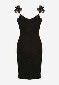 Born2be - Czarna Dopasowana Sukienka z Wiskozą Ozdobiona Kwiatami 3D Yennira. Kolor: czarny. Materiał: wiskoza. Wzór: aplikacja, kwiaty #4