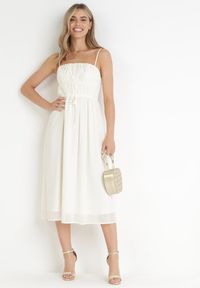 Born2be - Beżowa Rozkloszowana Sukienka Midi na Cienkich Ramiączkach z Wiązaniem w Talii Tessonne. Kolor: beżowy. Długość rękawa: na ramiączkach. Długość: midi #3