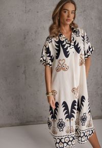 Renee - Granatowa Wiskozowa Sukienka o Kroju Oversize z Geometrycznym Printem Talon. Kolor: niebieski. Materiał: wiskoza. Wzór: geometria, nadruk. Sezon: lato. Typ sukienki: oversize. Styl: elegancki #6
