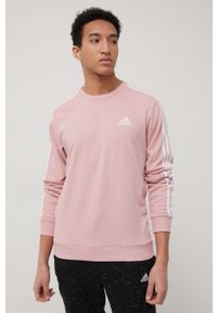 Adidas - adidas bluza męska kolor różowy z aplikacją. Kolor: różowy. Materiał: materiał, poliester, bawełna, dzianina. Wzór: aplikacja