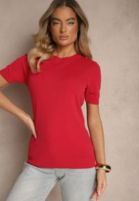 Renee - Czerwony Sweter Ozdobiony Ściągaczami Sanallia. Okazja: na co dzień. Kolor: czerwony. Materiał: jeans. Wzór: aplikacja. Styl: klasyczny, elegancki, casual #3