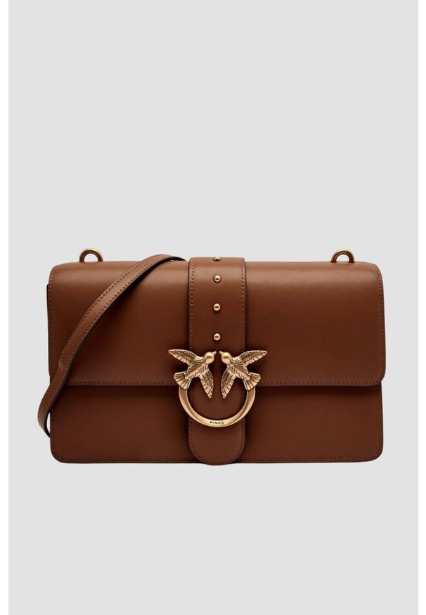 Pinko - PINKO Brązowa skórzana damska torebka listonoszka Love One Classic ST.. Kolor: brązowy. Materiał: skórzane. Styl: casual, elegancki
