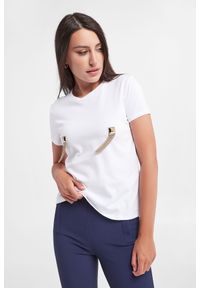 Elisabetta Franchi - T-shirt damski ELISABETTA FRANCHI. Materiał: bawełna. Długość rękawa: krótki rękaw. Długość: krótkie. Wzór: aplikacja, geometria