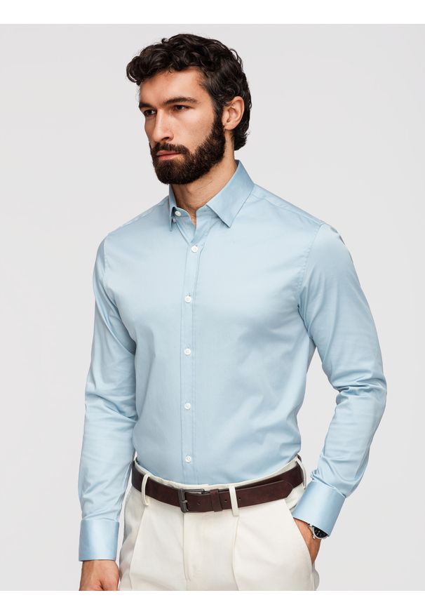 Ombre Clothing - Klasyczna męska koszula SLIM FIT z satynowej tkaniny – niebieska V2 - Rozmiar: S. Okazja: na spotkanie biznesowe, na co dzień. Typ kołnierza: kołnierzyk klasyczny. Kolor: niebieski. Materiał: tkanina, satyna. Wzór: gładki. Styl: klasyczny