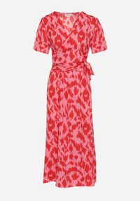 Born2be - Czerwono-Różowa Kopertowa Sukienka z Gumką w Pasie i Materiałowym Paskiem z Ozdobnymi Wycięciami Agea. Okazja: na co dzień, na randkę. Kolor: czerwony. Materiał: materiał. Długość rękawa: krótki rękaw. Typ sukienki: kopertowe. Styl: casual, elegancki #7