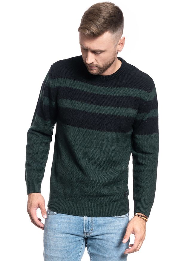 Lee - SWETER MĘSKI LEE STRIPED WOOL MIX DK BOTTLE GREEN L83LLNBB. Kolor: zielony