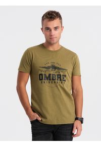 Ombre Clothing - T-shirt męski bawełniany z printem militarnym - khaki V2 OM-TSPT-0164 - XXL. Kolor: brązowy. Materiał: bawełna. Długość rękawa: krótki rękaw. Długość: krótkie. Wzór: nadruk, moro. Styl: militarny #9