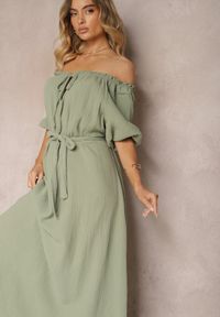 Renee - Ciemnozielona Bawełniana Sukienka z Muślinu Wiązana przy Dekolcie z Paskiem i Gumką w Talii Tasda. Kolor: zielony. Materiał: bawełna. Sezon: lato #5