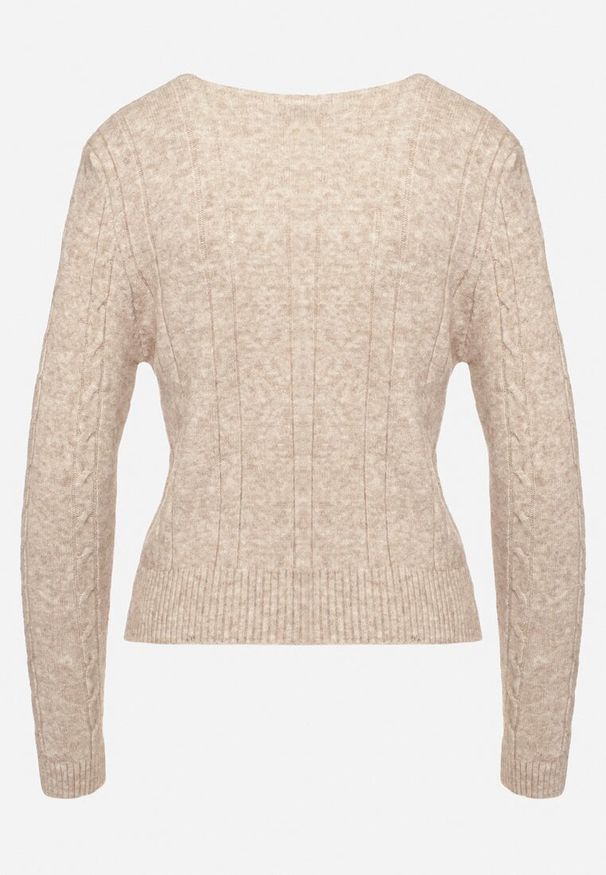 Born2be - Beżowy Sweter z Dekoltem V i Klasycznym Tłoczeniem Mattira. Okazja: na co dzień. Typ kołnierza: dekolt w serek. Kolor: beżowy. Materiał: jeans. Długość rękawa: długi rękaw. Długość: długie. Styl: klasyczny