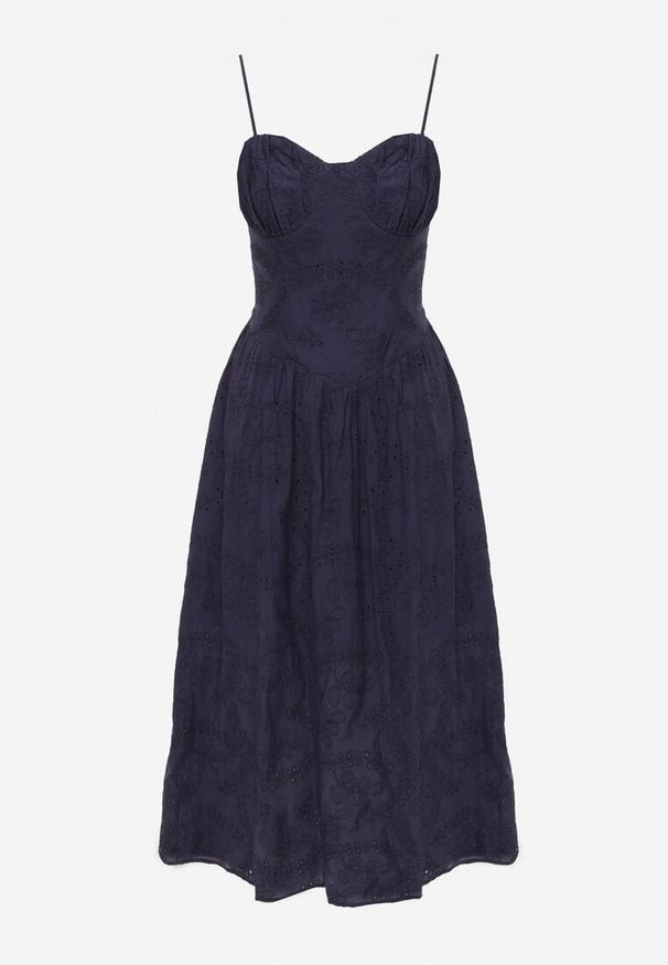 Renee - Granatowa Rozkloszowana Sukienka z Bawełny na Ramiączka Zdobiona Haftem Adozaphaura. Okazja: na imprezę, na co dzień, na randkę. Typ kołnierza: dekolt gorset. Kolor: niebieski. Wzór: haft, aplikacja. Typ sukienki: gorsetowe, rozkloszowane. Materiał: bawełna. Długość rękawa: na ramiączkach. Sezon: lato. Styl: casual