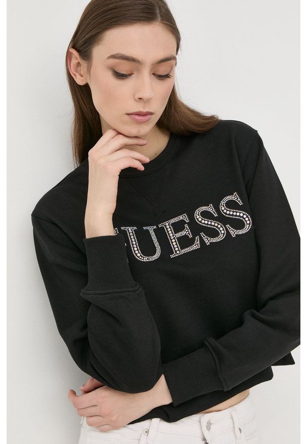 Guess bluza damska kolor czarny z aplikacją. Kolor: czarny. Wzór: aplikacja