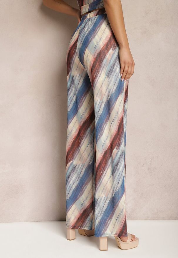 Renee - Granatowo-Beżowe Siateczkowe Spodnie Szerokie High Waist Mandiore. Okazja: na co dzień. Stan: podwyższony. Kolor: niebieski. Styl: elegancki, casual