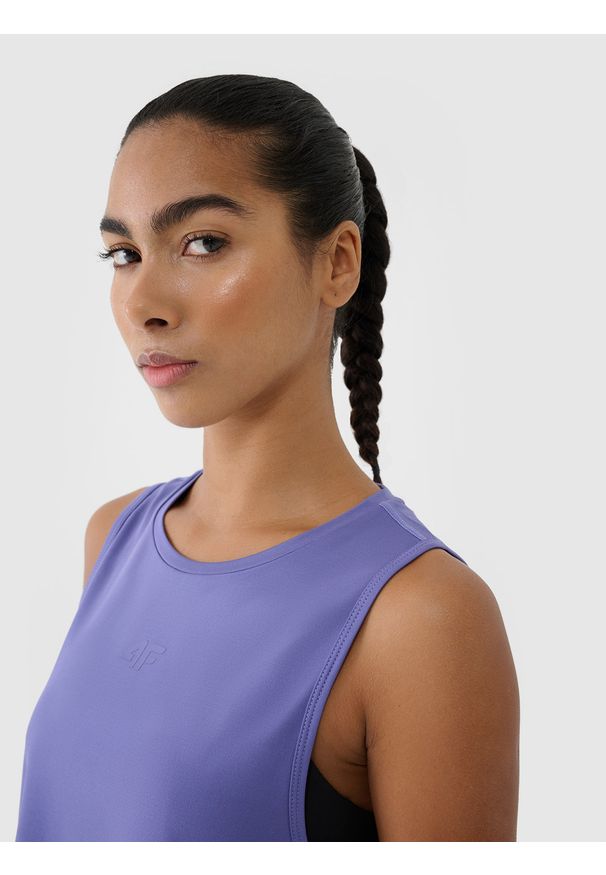 4f - 4F Top treningowy szybkoschnący damski - granatowy XL. Kolor: niebieski. Materiał: dzianina, elastan, włókno, syntetyk, materiał. Wzór: nadruk, jednolity, gładki, ze splotem. Sport: fitness