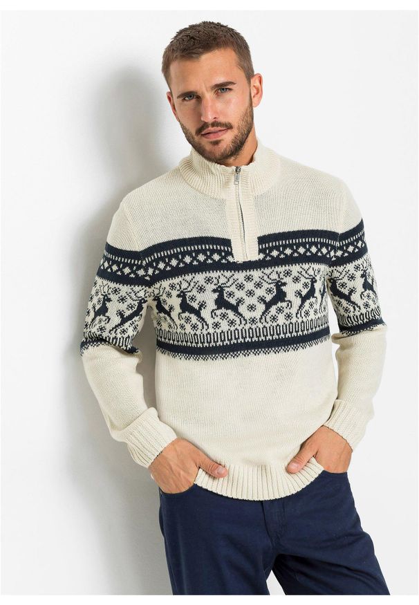 bonprix - Sweter ze stójką w norweski wzór. Typ kołnierza: kołnierzyk stójkowy. Kolor: beżowy