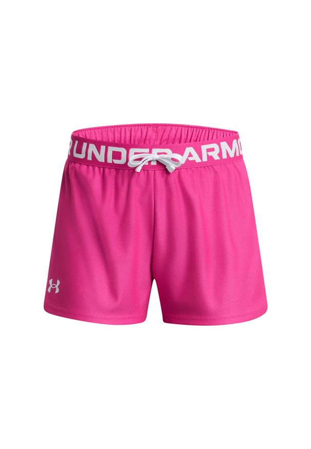 Spodenki sportowe dziewczęce Under Armour Play Up Solid Shorts - różowe. Kolor: różowy. Materiał: dzianina, materiał, poliester. Wzór: kolorowy, napisy