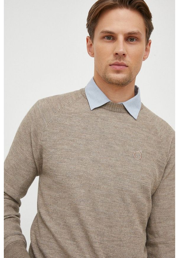 Trussardi Jeans - Trussardi sweter z domieszką wełny męski kolor beżowy lekki. Kolor: beżowy. Materiał: wełna. Długość rękawa: raglanowy rękaw. Styl: klasyczny