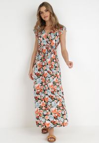 Born2be - Czarno-Niebieska Sukienka Iraris. Typ kołnierza: kołnierz z falbankami. Kolor: niebieski. Materiał: wiskoza, materiał, tkanina. Długość rękawa: bez rękawów. Wzór: kwiaty. Sezon: lato. Typ sukienki: kopertowe. Długość: maxi #3