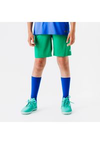 KIPSTA - Spodenki piłkarskie dla dzieci Kipsta Essential. Kolor: zielony. Materiał: poliester, materiał. Styl: sportowy