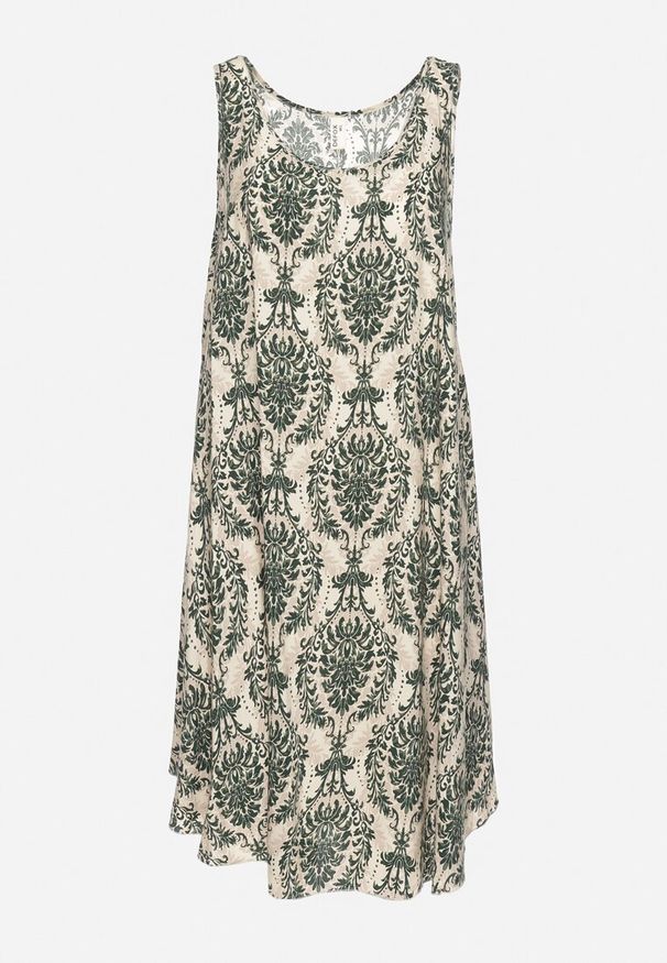 Born2be - Beżowo-Zielona Rozkloszowana Sukienka z Bawełny bez Rękawów Horrilla. Kolor: beżowy. Materiał: bawełna. Długość rękawa: bez rękawów. Sezon: lato. Styl: boho