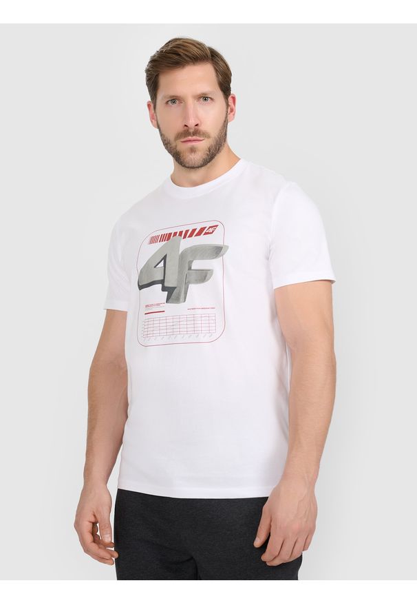 4f - 4F T-shirt regular z nadrukiem męski - biały M. Okazja: na co dzień. Kolor: biały. Materiał: materiał, dzianina, bawełna. Wzór: nadruk. Styl: casual