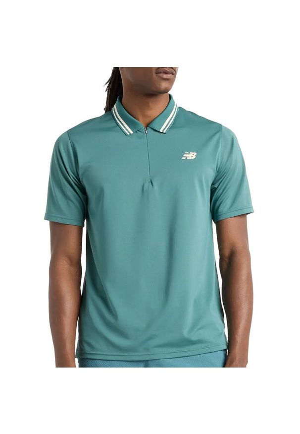 Koszulka męska New Balance MT41402NUS - zielona. Typ kołnierza: polo. Kolor: zielony. Materiał: materiał, poliester. Długość rękawa: krótki rękaw. Długość: krótkie