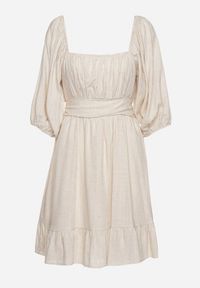 Born2be - Beżowa Rozkloszowana Sukienka z Wiskozą i Lnem z Gumką w Talii Falbanką i Podszewką Vilemia. Okazja: na co dzień. Kolor: beżowy. Materiał: len, wiskoza. Typ sukienki: rozkloszowane, proste. Styl: casual #5