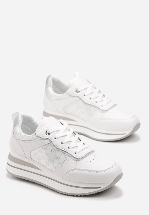 Born2be - Białe Brokatowe Sneakersy na Platformie Filena. Kolor: biały. Obcas: na platformie