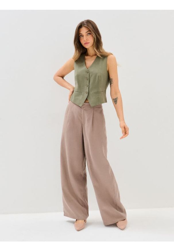 Sinsay - Spodnie wide leg z domieszką lnu - beżowy. Kolor: beżowy