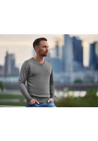 Sweter Męski Wełniany - Dekolt w Serek - Pako Jeans - Popielaty. Okazja: na spotkanie biznesowe, do pracy. Typ kołnierza: dekolt w serek. Kolor: szary. Materiał: wełna, akryl. Styl: klasyczny, biznesowy