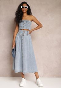 Renee - Jasnoniebieska Jeansowa Spódnica Maxi z Guzikami z Bawełny Rachellia. Kolor: niebieski. Materiał: jeans, bawełna #1