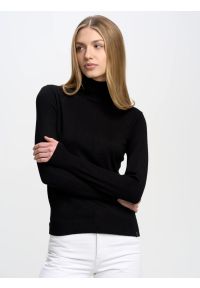 Big-Star - Sweter damski z golfem czarny Charlinka 906. Okazja: na co dzień, na spotkanie biznesowe. Typ kołnierza: golf. Kolor: czarny. Materiał: dzianina, skóra. Wzór: aplikacja. Styl: biznesowy, klasyczny, casual #6