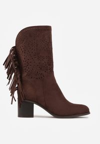 Born2be - Ciemnobrązowe Ażurowe Botki Typu Kowbojki ze Skórzaną Wkładką Ozdobione Frędzlami Ceziva. Okazja: na co dzień. Kolor: brązowy. Materiał: skóra. Wzór: ażurowy, aplikacja. Styl: casual, elegancki, klasyczny #6