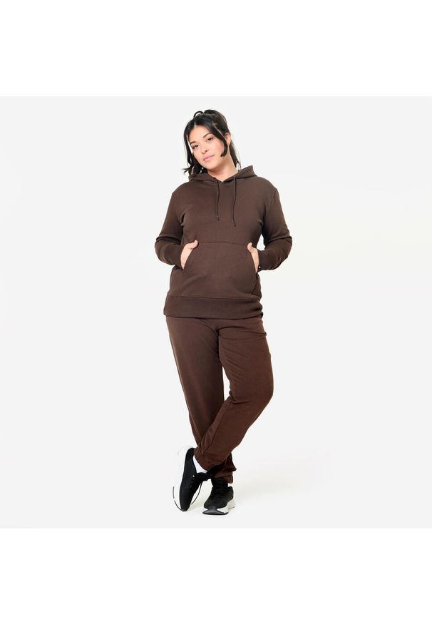 DOMYOS - Bluza z kapturem damska Domyos Gym & Pilates. Typ kołnierza: kaptur. Kolor: brązowy. Materiał: materiał, prążkowany, poliester, bawełna, elastan, tkanina. Długość: długie. Sport: joga i pilates
