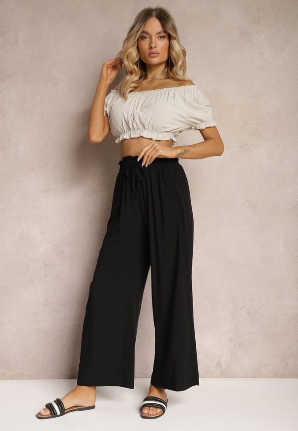 Renee - Czarne Spodnie z Bawełny Typu Palazzo High Waist z Gumką w Talii Nelsaria. Okazja: na co dzień. Stan: podwyższony. Kolor: czarny. Materiał: bawełna. Sezon: lato. Styl: wizytowy, casual, elegancki