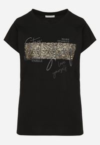 Born2be - Czarny T-shirt z Bawełny Typu Nietoperz z Cyrkoniami i Perełkami Linellis. Okazja: na co dzień. Kolor: czarny. Materiał: bawełna. Wzór: aplikacja. Styl: casual #5