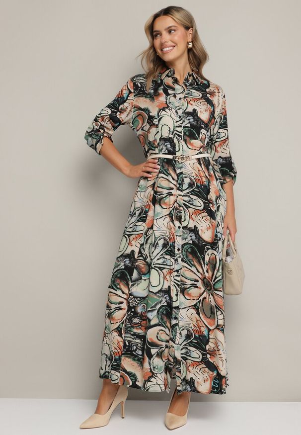 Born2be - Czarno-Beżowa Koszulowa Kwiatowa Sukienka z Wiskozy Ozdobiona Guzikami Enanoris. Okazja: na co dzień. Kolor: czarny. Materiał: wiskoza. Długość rękawa: długi rękaw. Wzór: aplikacja, kwiaty. Typ sukienki: koszulowe. Styl: casual, elegancki