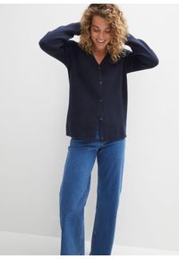 bonprix - Sweter rozpinany z dzianiny Milano w prążek. Kolor: niebieski. Materiał: dzianina. Wzór: prążki #1