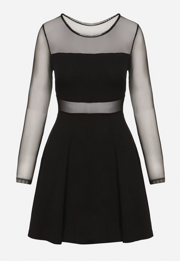 Born2be - Czarna Rozkloszowana Sukienka Mini ze Wstawkami z Siateczki Olessea. Okazja: na co dzień. Kolor: czarny. Materiał: skóra. Długość rękawa: długi rękaw. Typ sukienki: proste. Styl: casual. Długość: mini