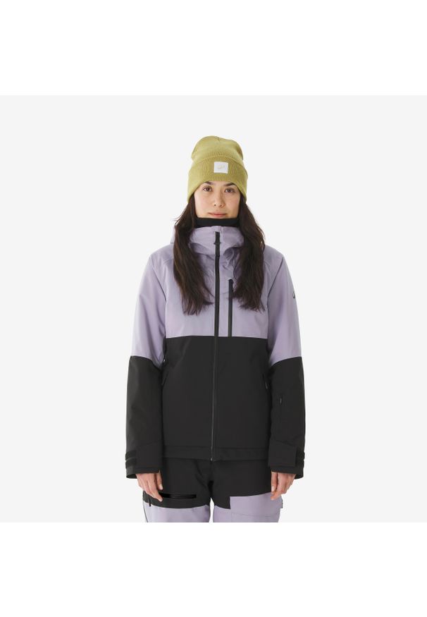 WEDZE - Kurtka narciarska i snowboardowa damska Quechua 500 AM. Kolor: czarny, fioletowy, wielokolorowy. Materiał: materiał. Sezon: zima. Sport: snowboard, narciarstwo