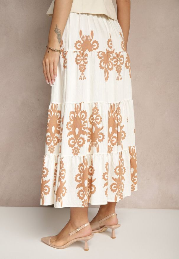 Renee - Kremowo-Beżowa Rozkloszowana Spódnica w Ornamentalne Wzory z Wiskozą Sarinea. Kolor: beżowy. Materiał: wiskoza