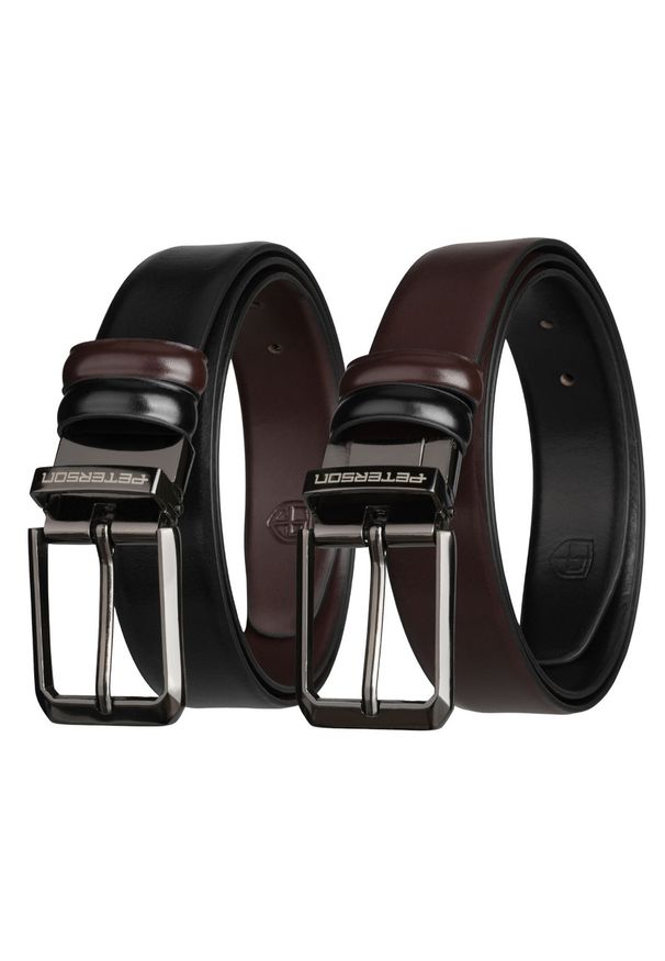 Dwustronny pasek męski w czarnym i ciemnobrązowym kolorze z obrotową klamrą Peterson PTN LZB-34-BLACK. Kolor: brązowy, wielokolorowy, czarny. Materiał: skóra. Styl: klasyczny